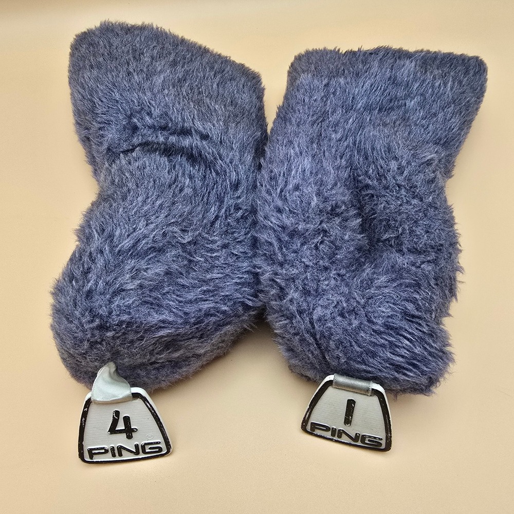 Vintage PING Golf Headcovers Set of 2 Gray Faux Fur #1 Driver #4 Wood Covers